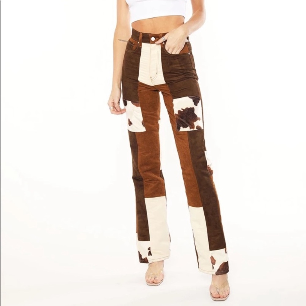 Revice Denim Bonnie & Clyde suede cow print patchwork pants